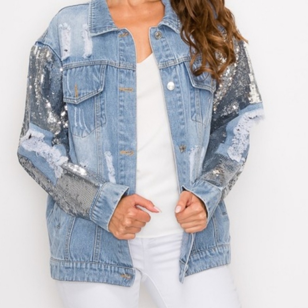 New Women's Jean Jacket with Sequin Sleeves